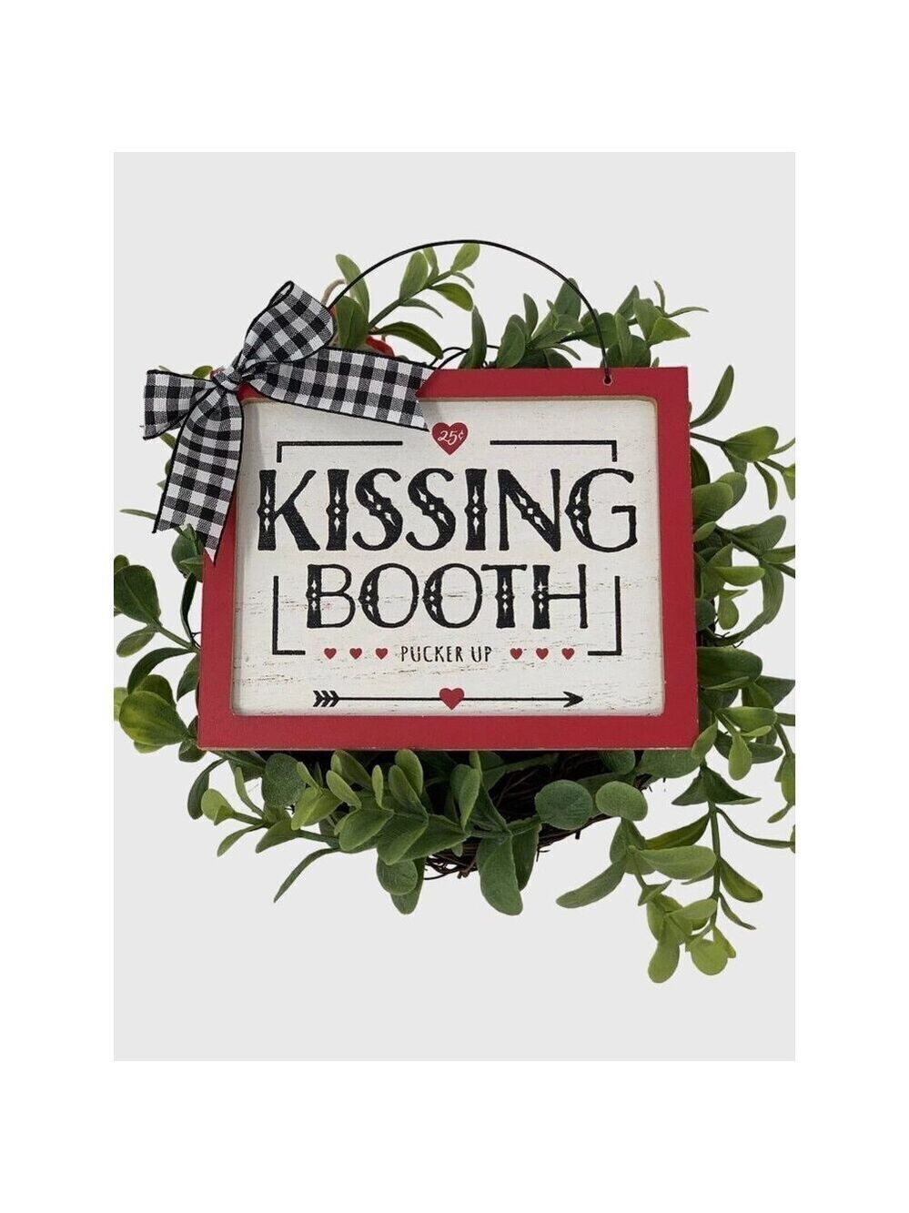 Valentine Kissing Booth Sign Buffalo Check Bow Rustic Farmhouse Tier Tray Decor